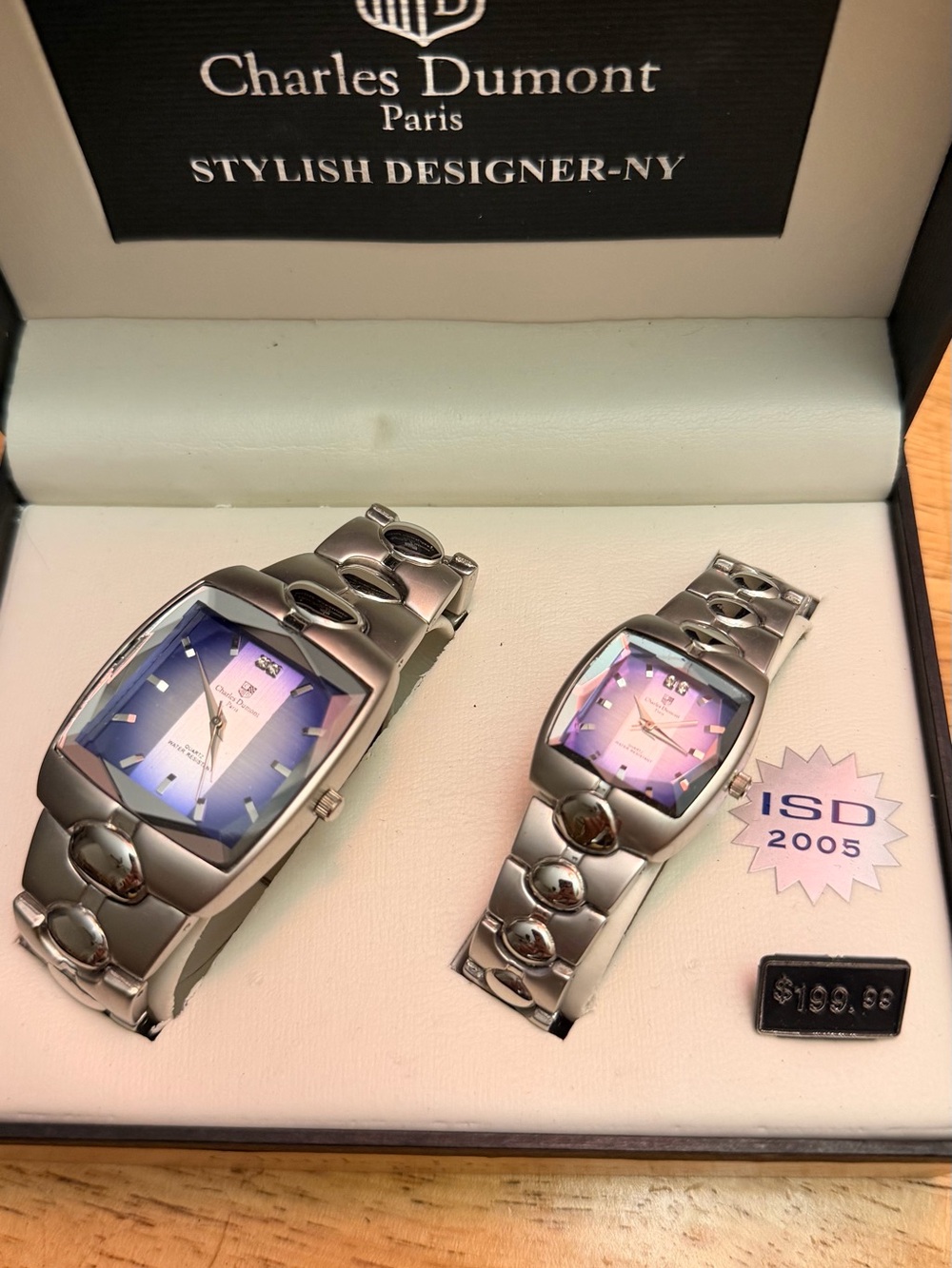 Charles Dumont Silver Stainless Steel Couple Watch Set with Blue-Purple Dials